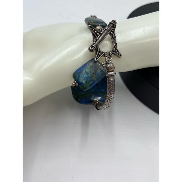 Artisan Made Green Blue Azurite Malachite Sterling Silver Toggle Bracelet 44g - Picture 7 of 12